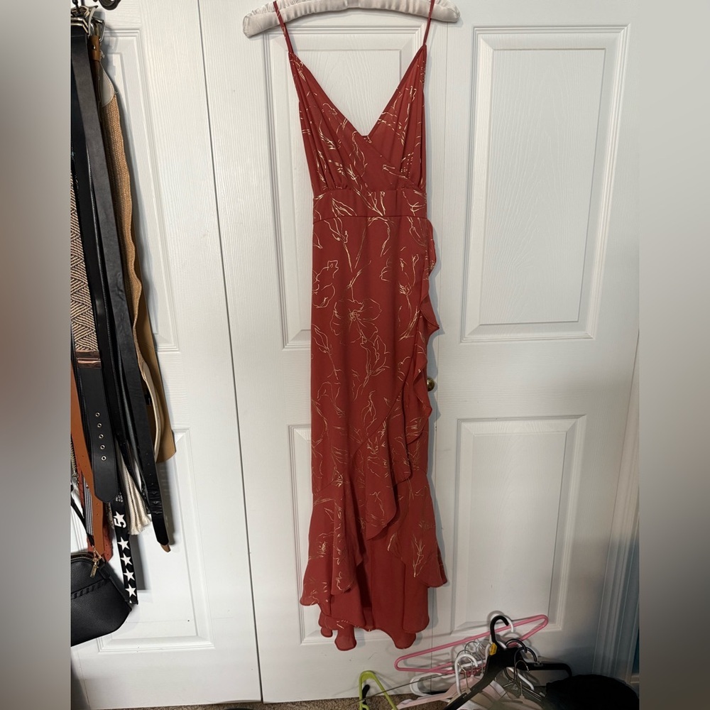 Elegant Rust Colored Dress with Gold Accents